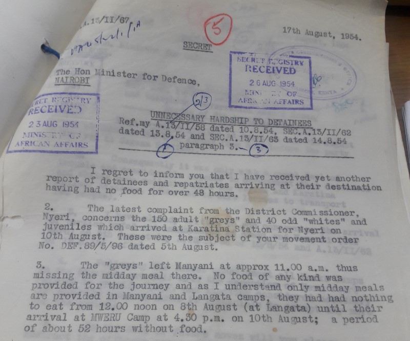 British colonial report on the unnecessary hardship while moving detainees during the Mau Mau uprising.